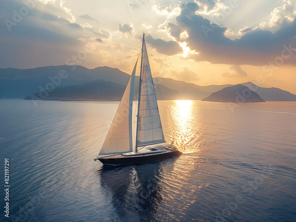 Fototapeta Stunning Seascape at Sunset with Sailboat on Calm Waters, Golden Hues, Serene Coastline, Rolling Hills, and Silhouetted Islands Tranquil and Adventurous Evening Sky with Warm Orange and Pink Tones