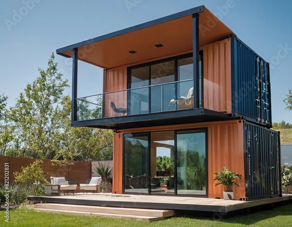 Fototapeta Modern Container Home experience the Cutting-edge technology and futuristic design elements, futuristic living,  explicit interior and exterior.