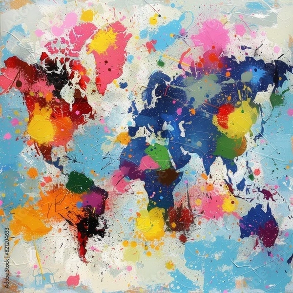 Fototapeta Conceptual Abstract World Map in Vibrant Paint Splashes for Global Trade and Logistics Design