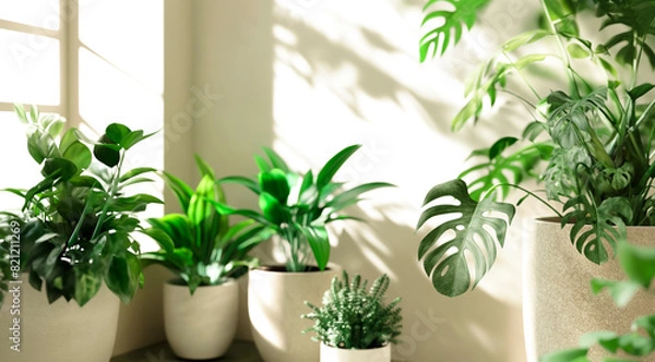 Obraz Tropical leaves pattern with monstera and palms - A vibrant pattern of tropical leaves featuring monstera, palms, and other greenery, ideal for backgrounds