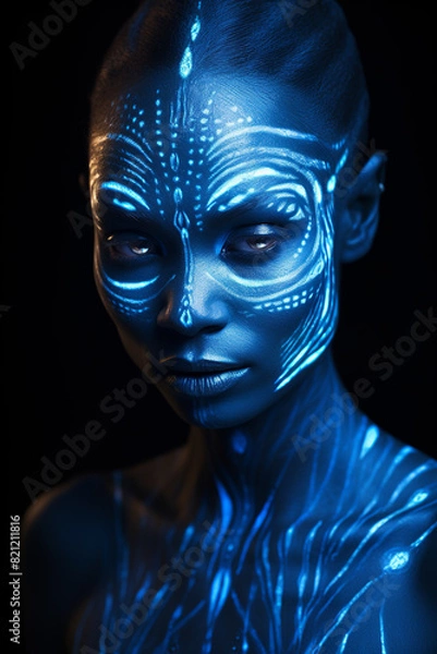 Fototapeta Humanoid bioluminescent avatar with blue light that highlights intricate patterns on their skin