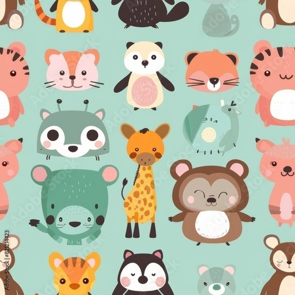 Fototapeta cute animals,flat vector style, seamless overlay image, pattern