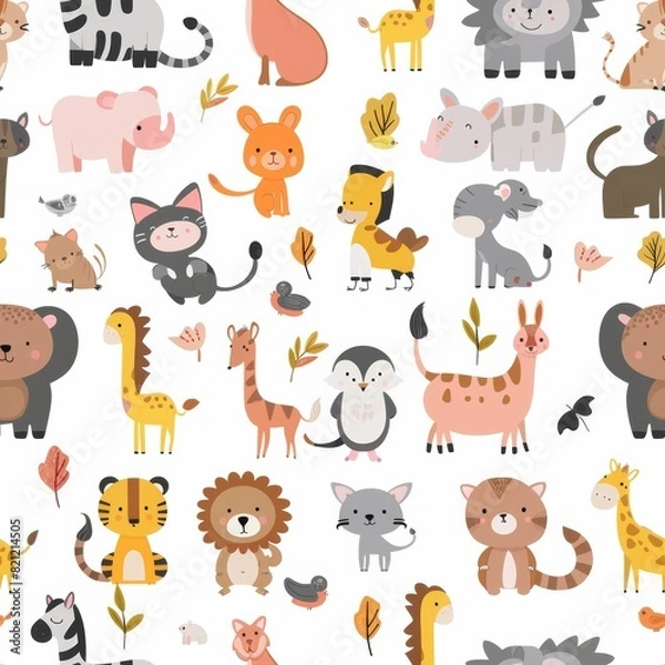 Fototapeta cute animals,flat vector style, seamless overlay image, pattern
