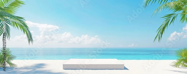 Fototapeta Square Podium Summer display, pile of white sand, coconut tree, beach banner design, sandy beach background