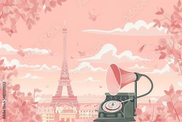 Fototapeta Illustration of a gramophone with the Eiffel Tower in the background, set in a pastel pink Parisian scene with butterflies