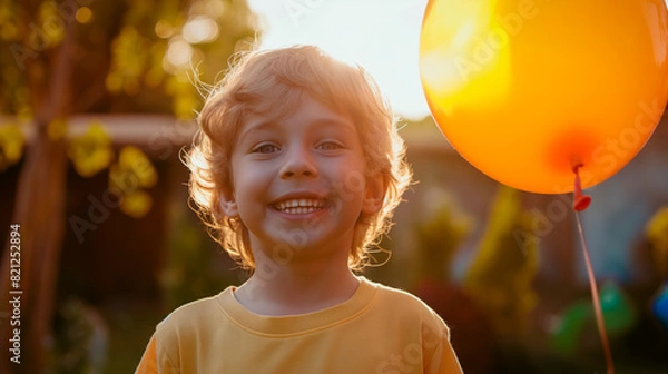 Obraz a happy caucasian child plays on the grass in the garden and holds colorful balloons in his hands.