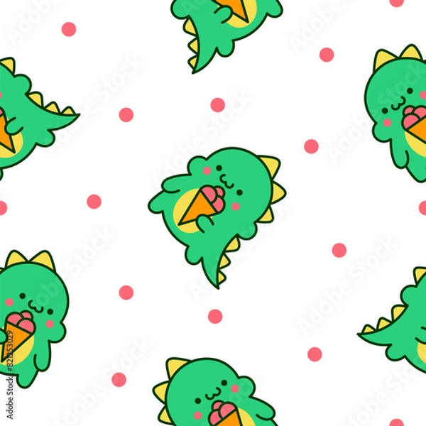 Fototapeta Cute kawaii baby dragon. Seamless pattern. Funny little dinosaur cartoon character. Hand drawn style. Vector drawing. Design ornaments.