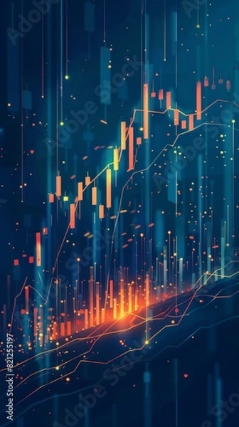 Fototapeta A digital illustration of stock market analysis with candlesticks and trend lines in an abstract style