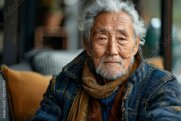 Fototapeta Elderly asian man relaxing on couch with scarf, portrait for marketing campaign
