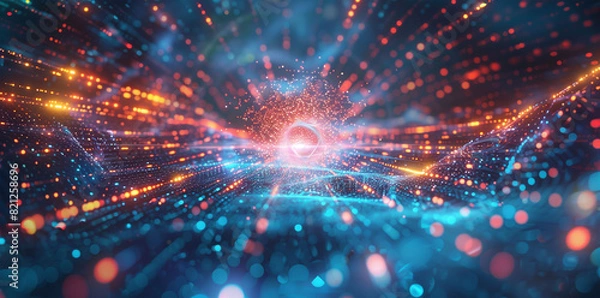 Fototapeta Digital Particles Explosion in Abstract Tech Background, Quantum Core, Computing Network System, Artificial Intelligence, and Global Data Connections