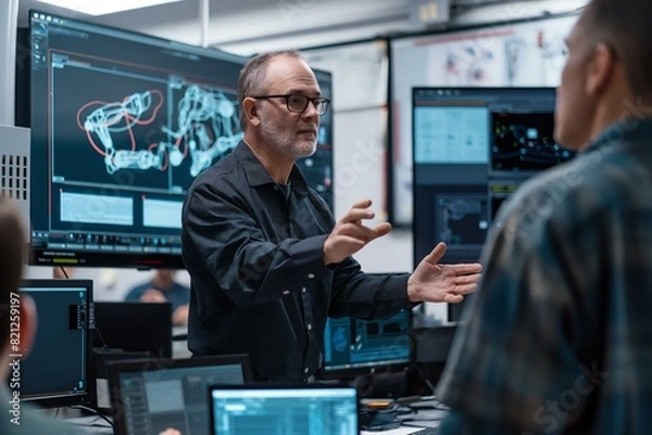 Fototapeta A man is standing in front of a computer monitor with a group of people around him. He is pointing at the screen and talking to the group. Scene is serious and focused