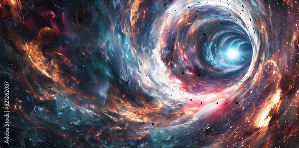 Fototapeta Interstellar travel portal depicting a gateway between galaxies, with travelers transitioning through a swirling vortex of light