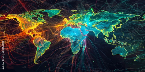 Obraz Undersea cable network map visualizing global internet traffic flows and data exchange hubs in vibrant, dynamic colors