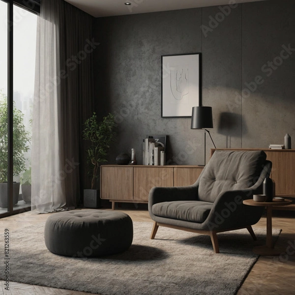 Fototapeta A minimalist living room. A blank picture frame hangs on the wall above the armchair, ready for customization. Dark tones.