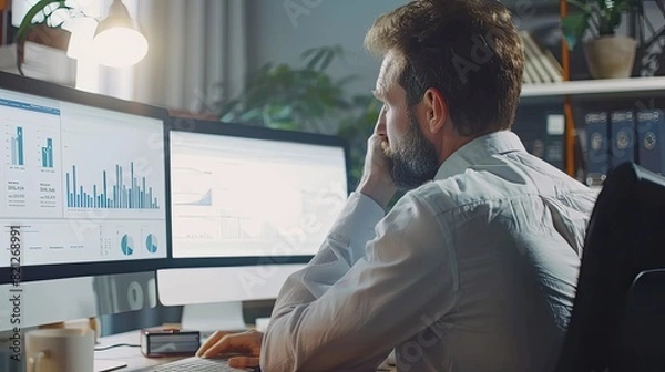 Fototapeta A financial advisor conducting a webinar to introduce new investors to the principles of stock trading, using a virtual platform with clear and concise instructional slides.