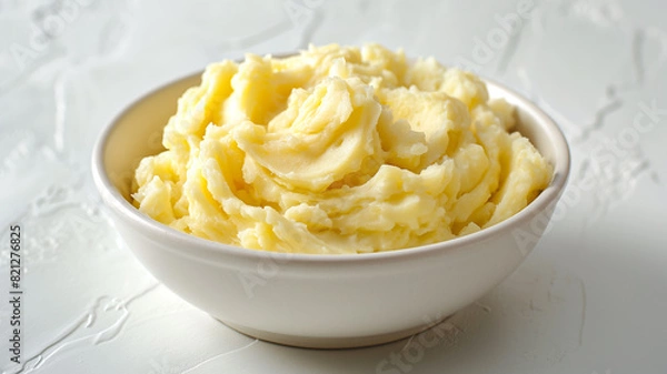 Fototapeta Mashed potatoes in a white bowl placed on a white background.