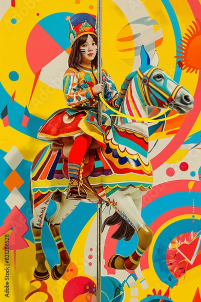 Fototapeta A woman is riding a horse on a pole