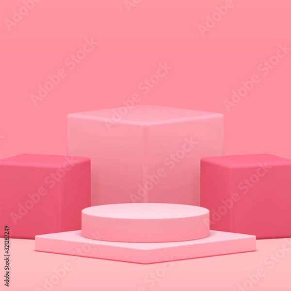 Fototapeta Pink 3d podium pedestal mock up for feminine cosmetic product show realistic vector illustration