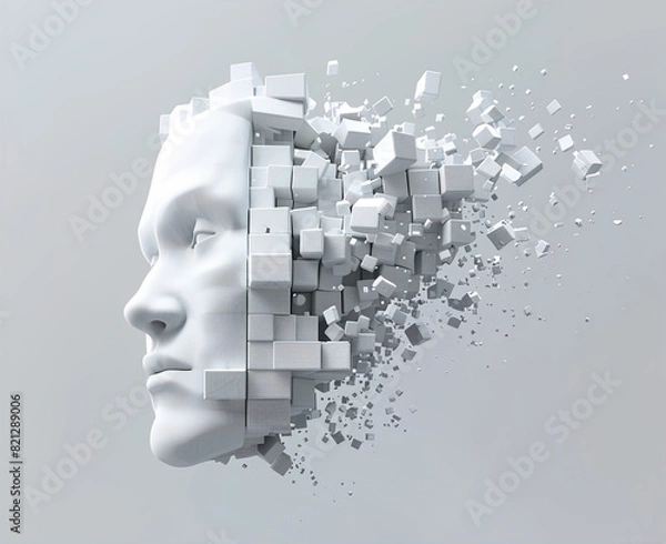 Fototapeta A face is shown with a lot of blocks scattered around it. Concept of chaos and destruction