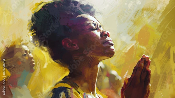 Obraz Black woman in a yellow dress is praying, surrounded by others in a warmlite setting.