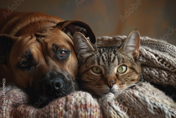 Obraz Dog and cat snuggled in cozy blanket, warm and loving pet friendship