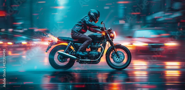 Fototapeta human riding a motorcycle in blurred motion,generative ai