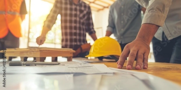 Fototapeta Professional construction team examines blueprints on a work table with safety gear around