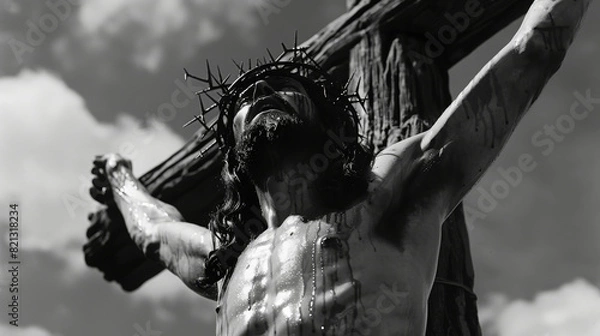 Obraz Jesus wearing a crown of thorns, crucified on a cross against the sky.
