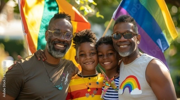 Fototapeta LGBTQ+ family posing together with pride flags and smiling