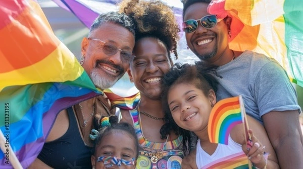 Fototapeta LGBTQ+ family posing together with pride flags and smiling