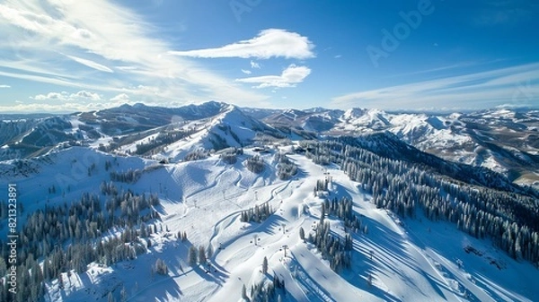 Fototapeta AI generated image of a wonderful ski paradise, beautiful weather, snow-capped mountains, all shown from a bird's eye view