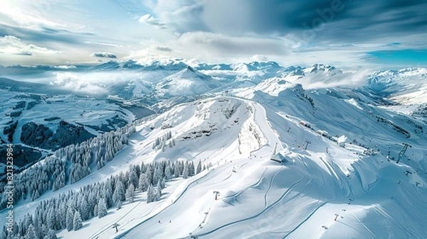 Fototapeta AI generated image of a wonderful ski paradise, beautiful weather, snow-capped mountains, all shown from a bird's eye view