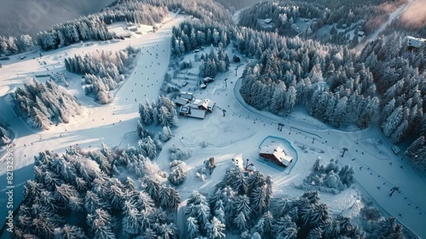 Fototapeta AI generated image of a wonderful ski paradise, beautiful weather, snow-capped mountains, all shown from a bird's eye view