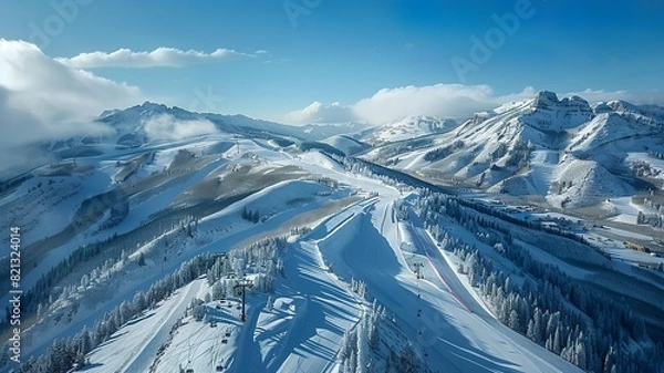 Fototapeta AI generated image of a wonderful ski paradise, beautiful weather, snow-capped mountains, all shown from a bird's eye view