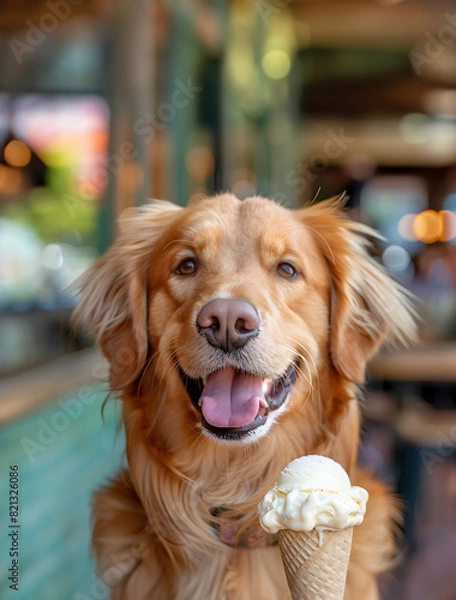 Fototapeta Golden retriever holding ice cream cone. Generative by AI