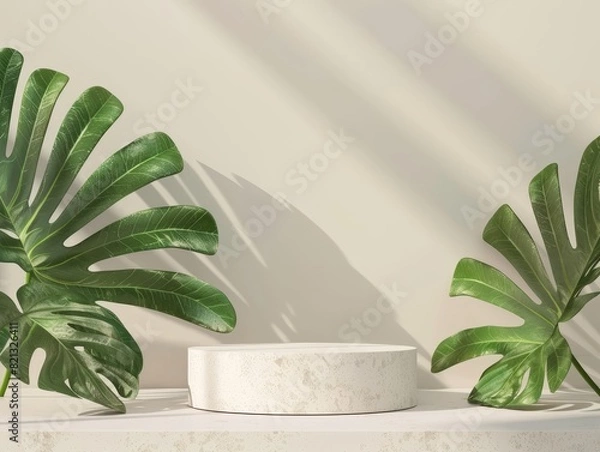 Fototapeta Empty podium mockup surrounded by lush tropical leaves. Ideal for showcasing cosmetics, eco-friendly products, and nature-themed displays.