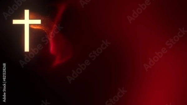 Fototapeta Liturgic red particle background with golden Roman Church Crucifix. Christian Cross on ceremonial copy space 3D illustration. Passion Sermon on Pentecost, Confirmation, Good Friday, and Palm Sunday.