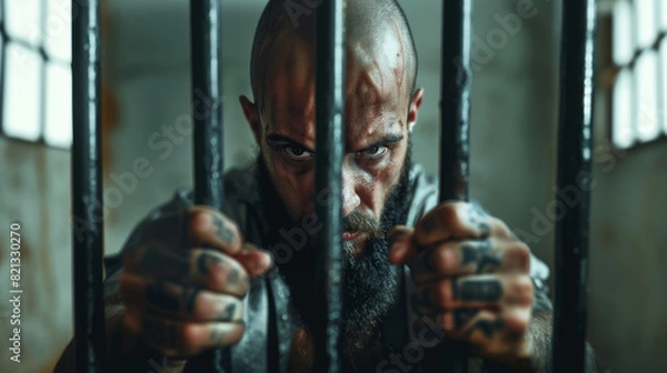 Obraz Bald, tattooed man stares intensely through jail bars, gripping them with a look of determination and aggression. Prisoner behind bars. Man who has committed a crime.