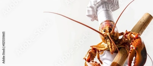 Obraz A lobster wearing a chefs hat and apron, holding a rolling pin, against a white background with copy space