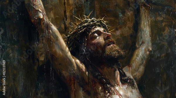 Obraz Oil painting of Jesus on the cross, with a crown of thorns.