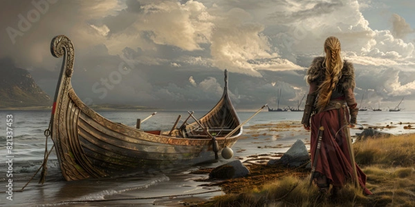 Obraz Female Viking Warrior Disembarking from a Long Ship