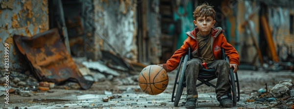 Fototapeta Young boy on wheelchair practicing basketball,generative ai