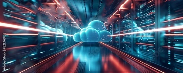 Fototapeta Futuristic server room with glowing cloud icon, representing cloud computing, digital storage, and technology advancement in a data center.