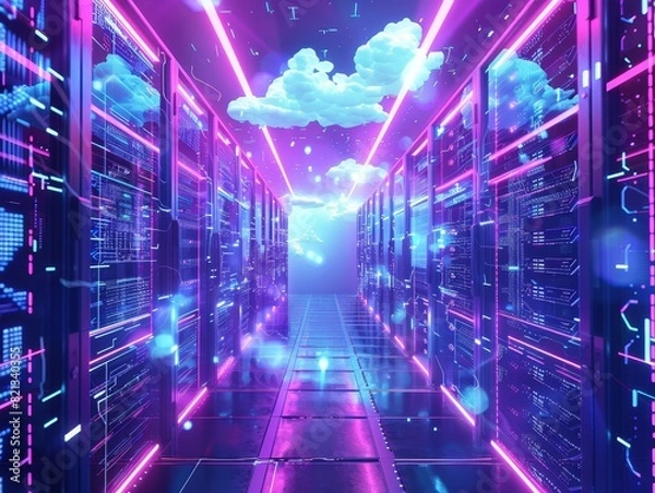 Fototapeta Futuristic server room with neon lights and digital clouds, representing cloud computing and data storage in a modern data center.