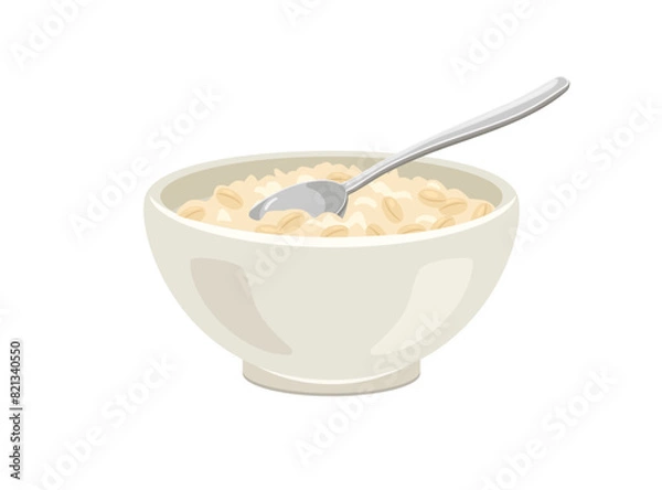 Fototapeta Oatmeal porridge in white bowl with spoon. Vector cartoon flat illustration of healthy food.