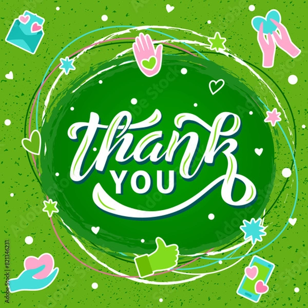 Fototapeta Thank you white lettering on textured background. Hand drawn vector illustration with text decor with friendly icon for greeting card or template. Positive motivational nice quote for poster or banner