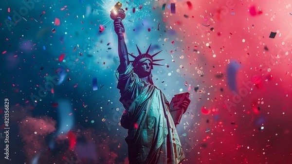 Obraz Artistic representation of the Statue of Liberty holding a sparkler, surrounded by a vibrant red, white, and blue background with fireworks and confetti 