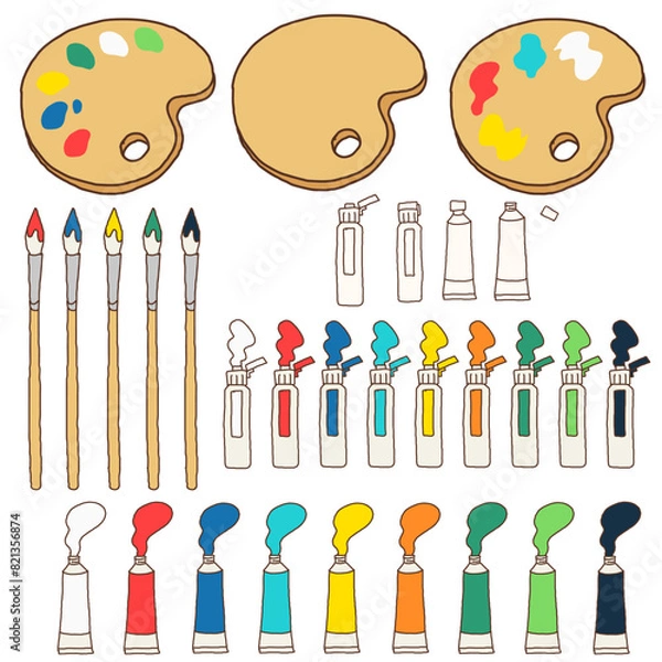 Obraz 絵の具と絵筆のアートイラストセット