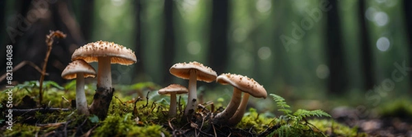 Fototapeta This is an enchanting scene of a cluster of mushrooms sprouting among the forest foliage with soft natural lighting
