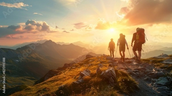 Obraz Three hikers with backpacks trekking a mountain trail at sunset, with golden light.